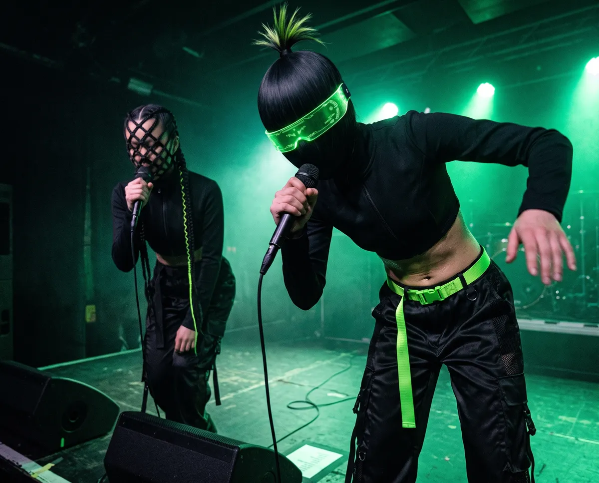 IRIAS performing with a mic and glowing green visor under green stage light
