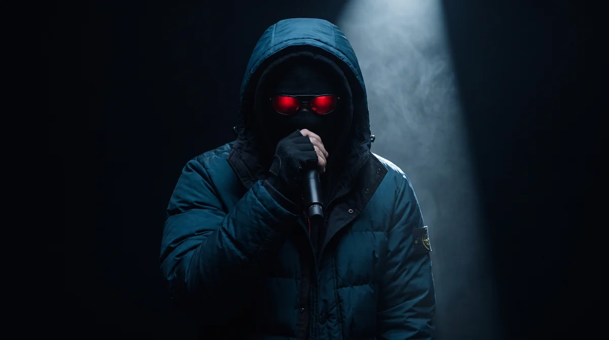 LOVIXX on stage with a mic, red eyes glowing under the hood